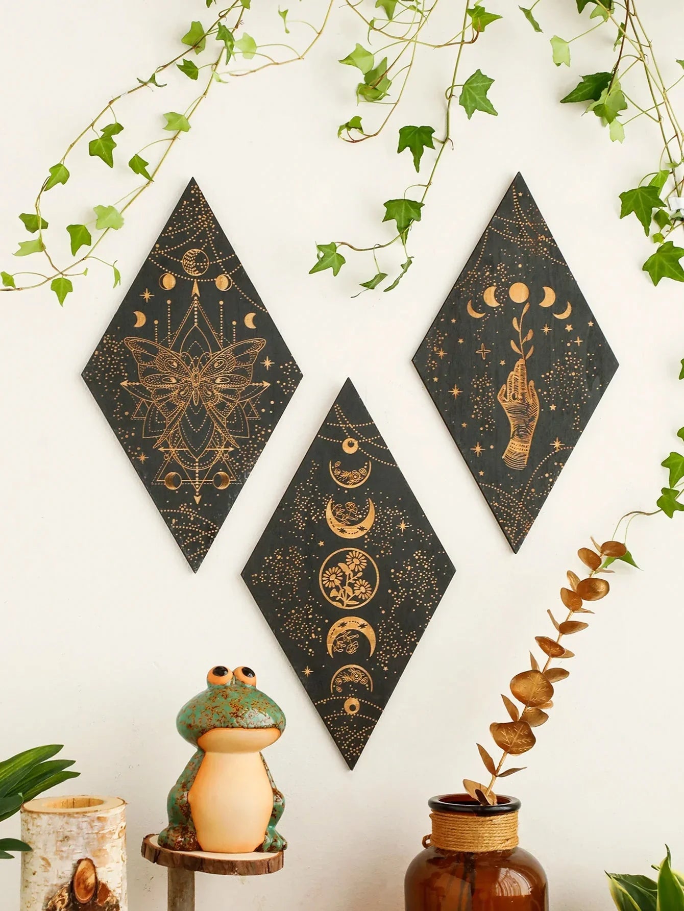 Avelena | Schwarze Mondphasen Holz Wanddekoration Rhombus Wandkunst Boho Wohnkultur Hexe Wandbehang Dekoration Raumdekor Ästhetisches Geschenk