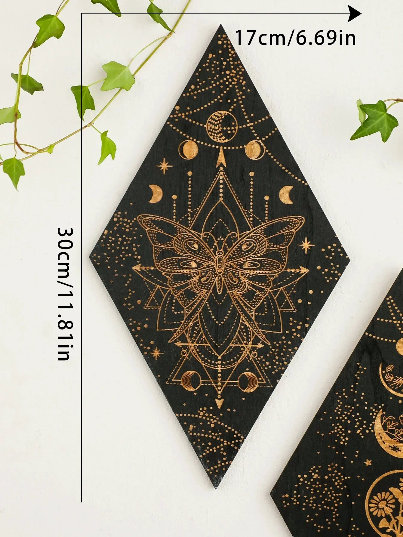 Avelena | Schwarze Mondphasen Holz Wanddekoration Rhombus Wandkunst Boho Wohnkultur Hexe Wandbehang Dekoration Raumdekor Ästhetisches Geschenk
