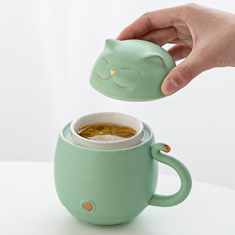 Avelena | Süße Katzen-Teetasse aus Keramik mit Sieb