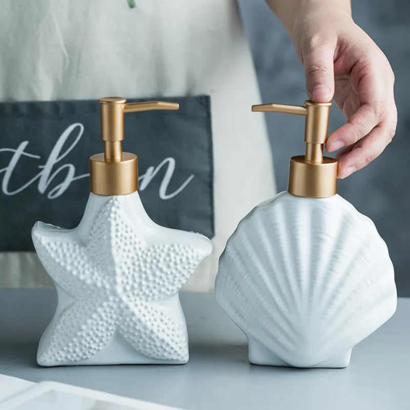 Avelena | AquaNaut Seifenspender | Maritimes Design | Muschel & Seestern Motiv | Badezimmer Deko
