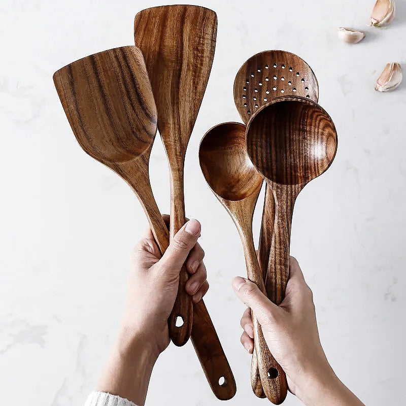 Avelena | TeakChef 7-teiliges Küchengeräteset – Premium Teak Küchenwerkzeuge für Stil & Funktionalität