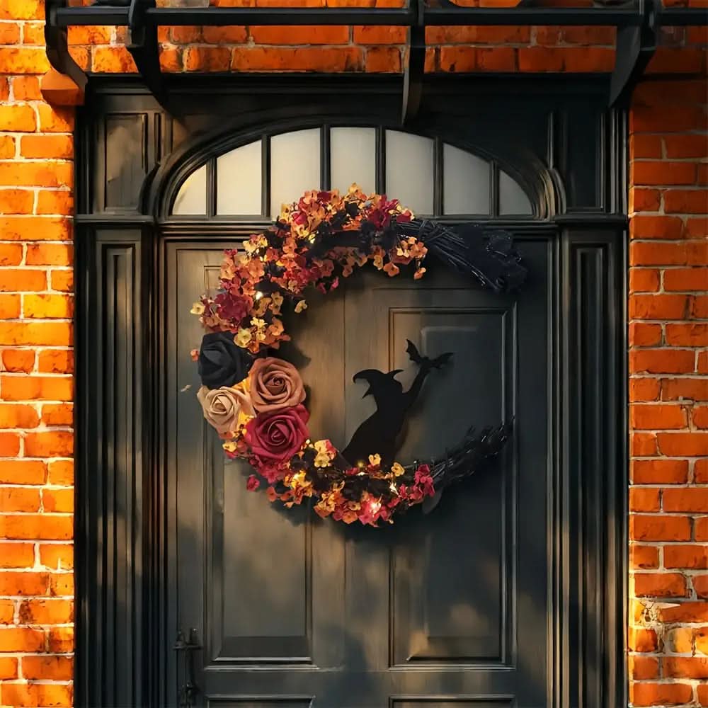 Avelena | Rustikale Hexe Halbmond Blumenkranz für Halloween Türdekoration