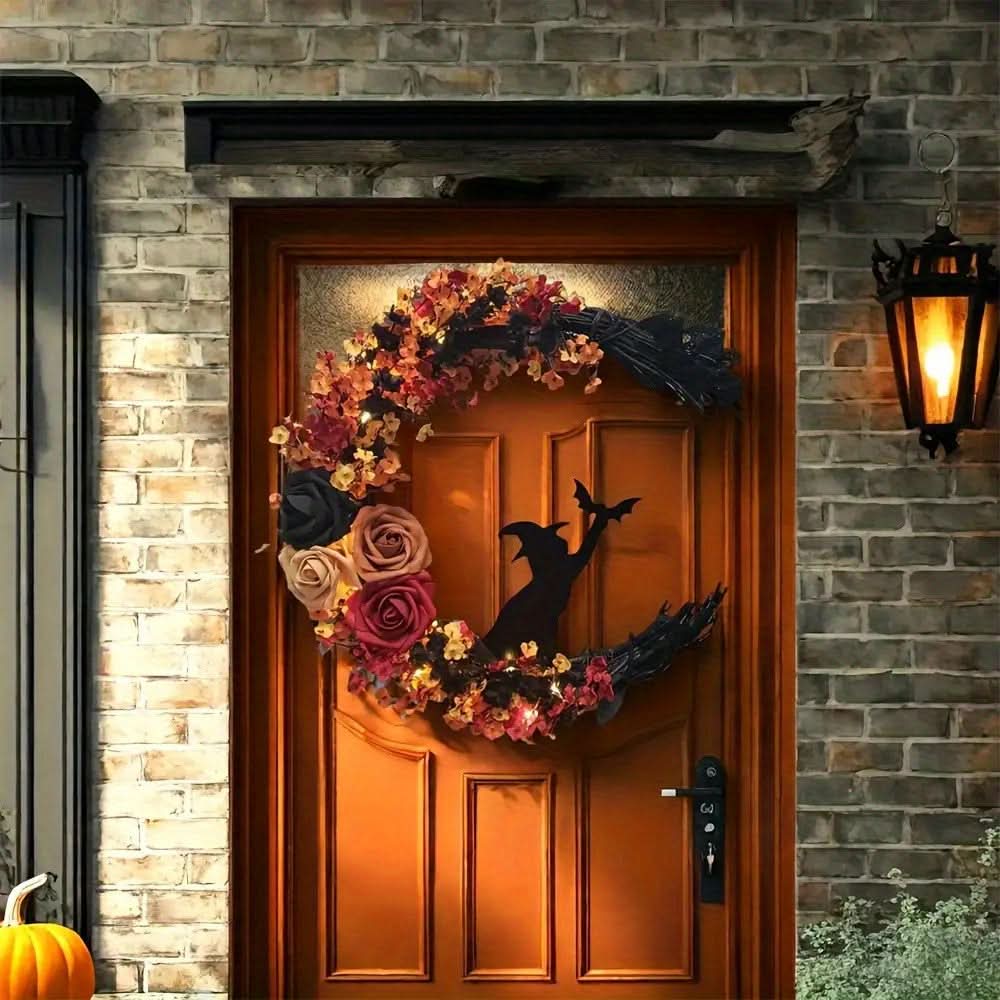 Avelena | Rustikale Hexe Halbmond Blumenkranz für Halloween Türdekoration