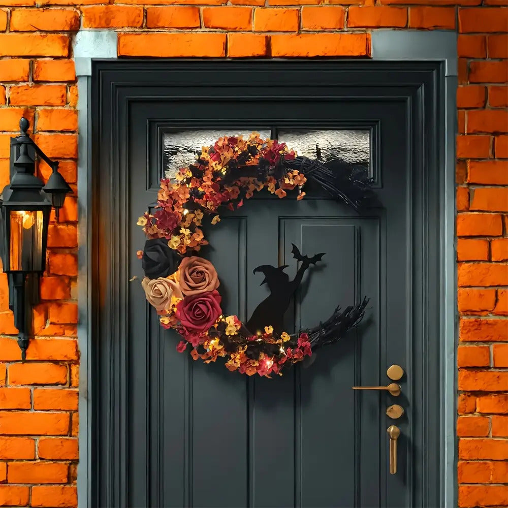 Avelena | Rustikale Hexe Halbmond Blumenkranz für Halloween Türdekoration