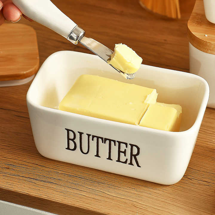 Avelena | Rechteckige Keramik-Butterdose Versiegelter Aufbewahrungsbehälter Westlicher Käsekrug Butterglas zur Aufbewahrung für Restaurant 15x8,5 cm