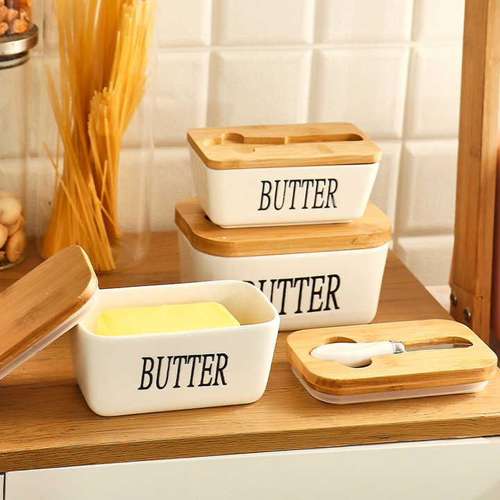 Avelena | Rechteckige Keramik-Butterdose Versiegelter Aufbewahrungsbehälter Westlicher Käsekrug Butterglas zur Aufbewahrung für Restaurant 15x8,5 cm