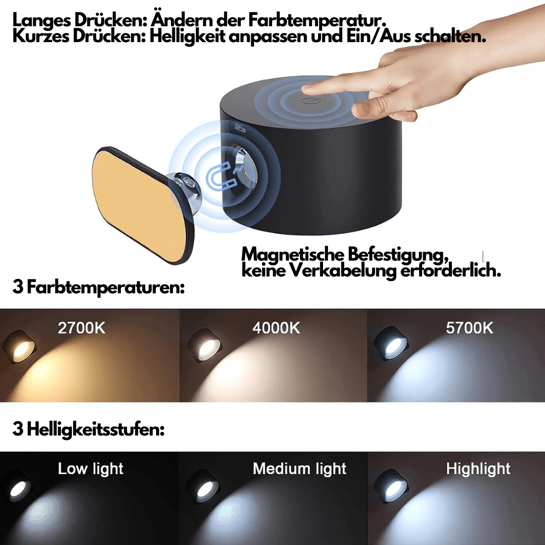 Avelena | 360° kabelloses wiederaufladbares Wandlicht | Vielseitige LED-Beleuchtungslösung