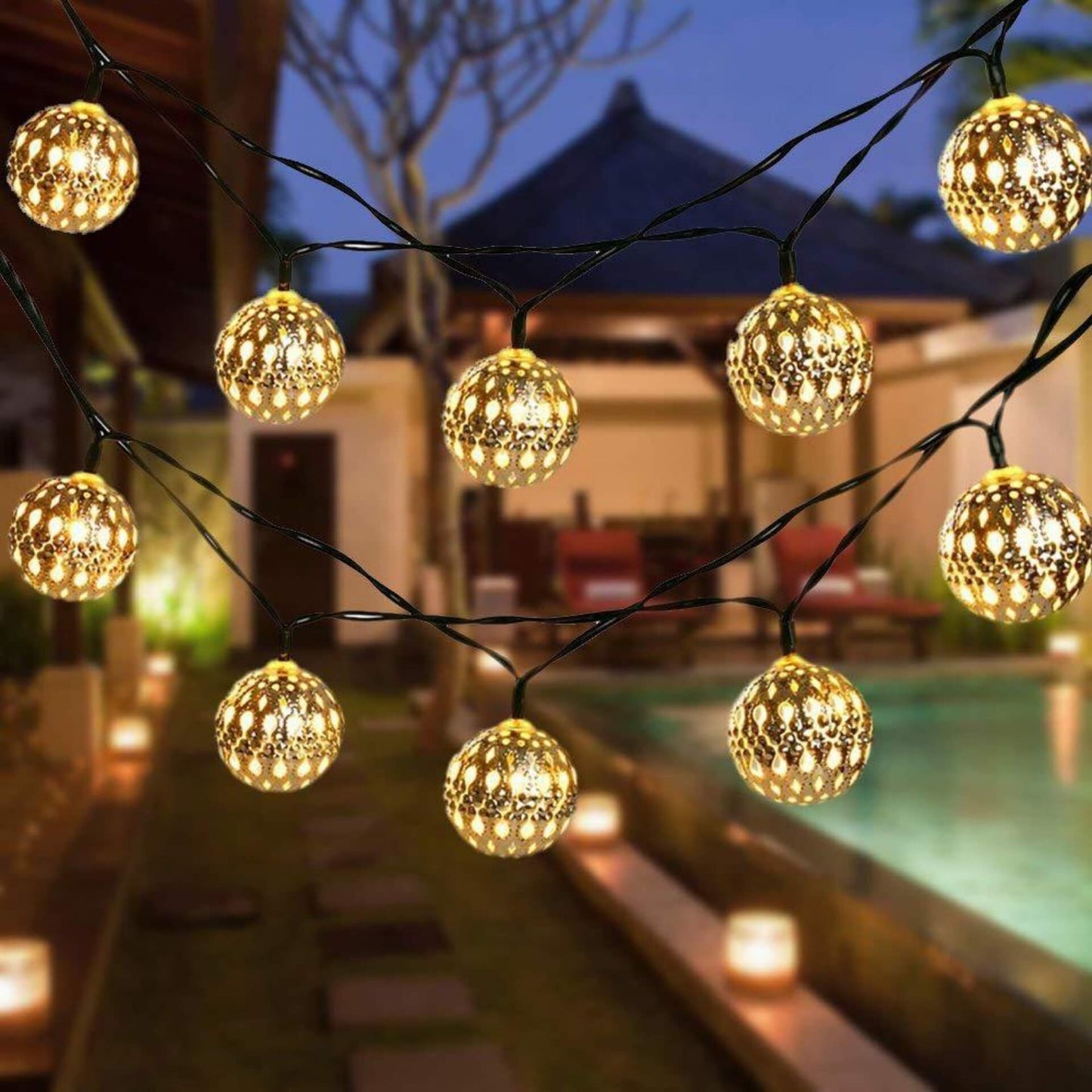 Avelena | Solar-Lichterkette Marokkanische Kugel Bunte LED Weihnachtslichter Eisenkugeln Dekoration Außen Lichterkette