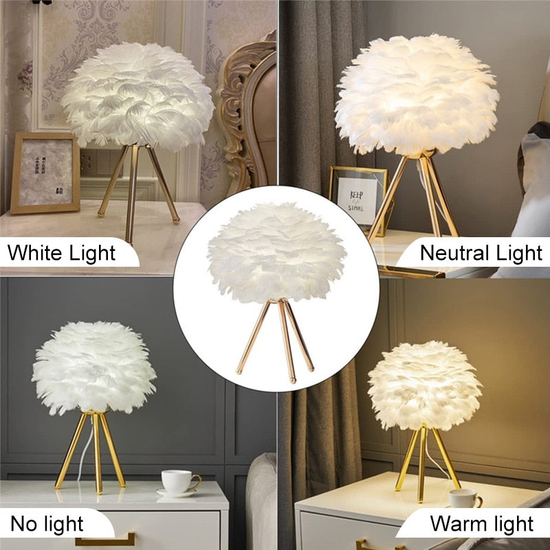 Avelena | Romantische Feder Tischlampe Moderne Nachttischlampe Wohnzimmer Kaffeehaus Dekoration Hochzeit Weihnachtsgeschenk Straußfeder Licht