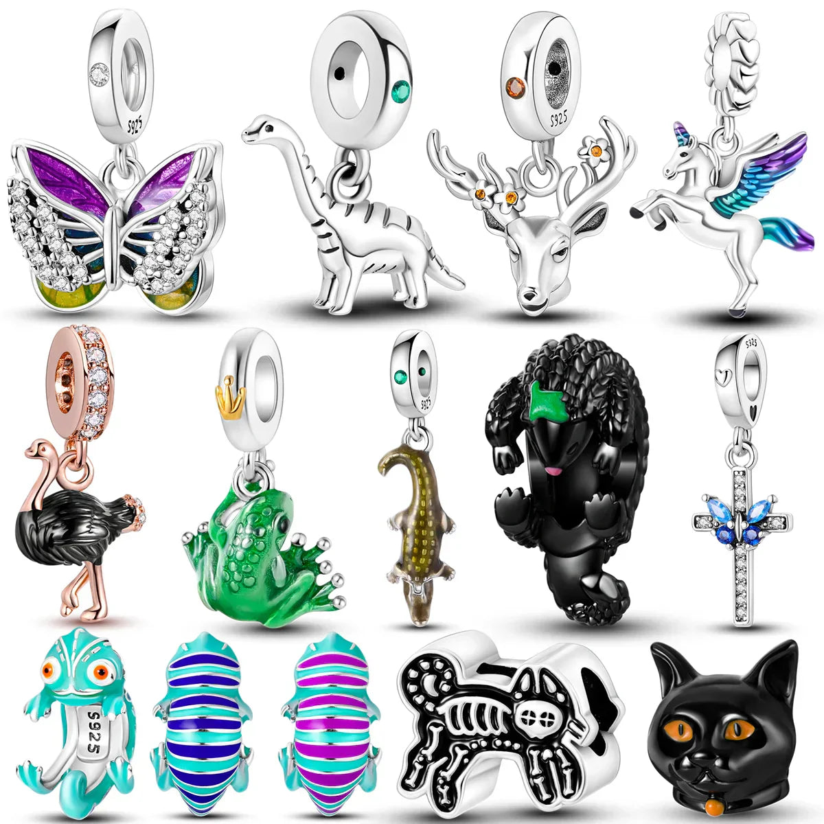 Avelena | 925 Silber Goldener Leopard Charms Perlen Bunte Chamäleon Nashorn Löwe Skarabäus Katze Anhänger Passend für Original Pandora Armband Schmuck