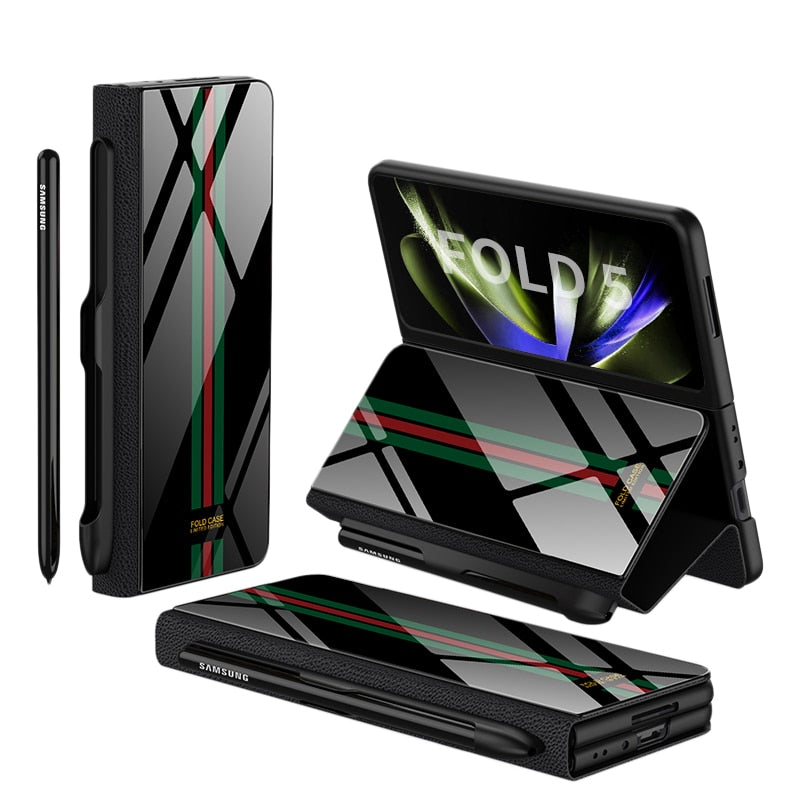 Avelena | Stoßfeste Rüstungshülle Hülle Glas Abdeckung Ständer Einfügkarte Lederhülle für Samsung Galaxy Z Fold 5/4
