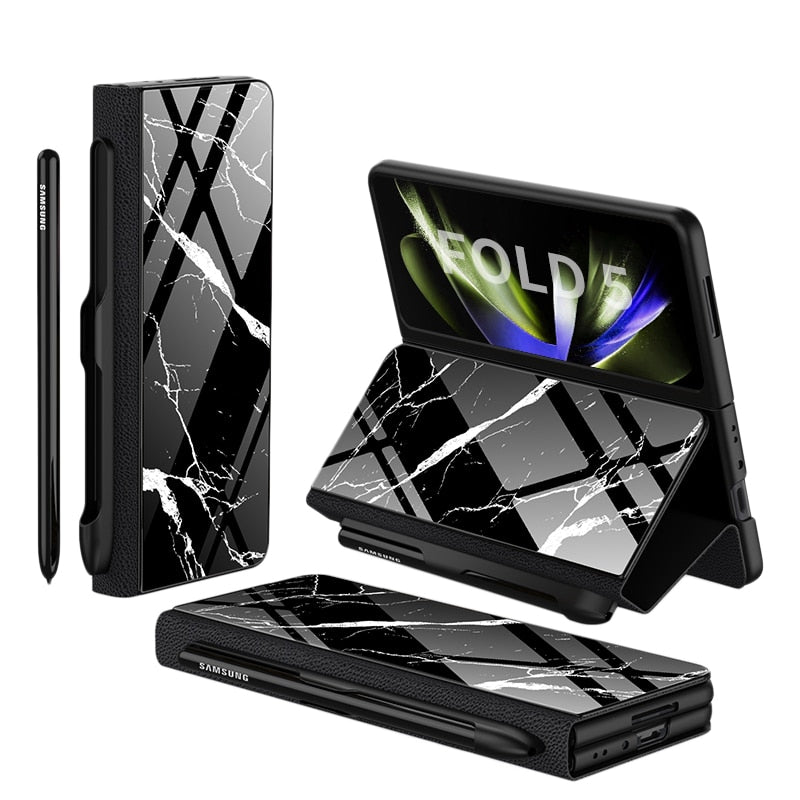 Avelena | Stoßfeste Rüstungshülle Hülle Glas Abdeckung Ständer Einfügkarte Lederhülle für Samsung Galaxy Z Fold 5/4