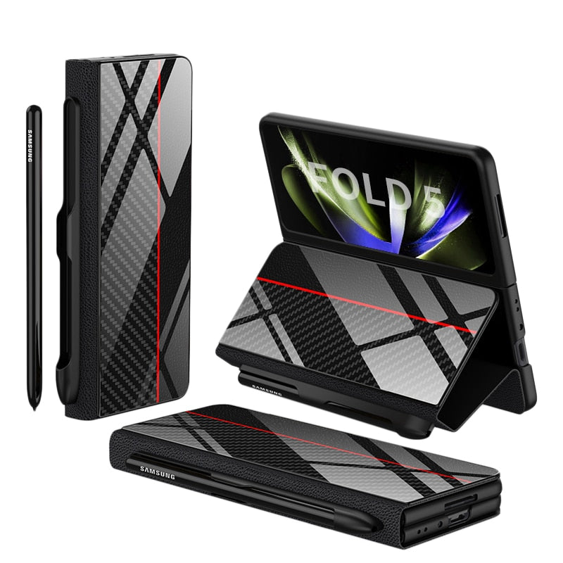 Avelena | Stoßfeste Rüstungshülle Hülle Glas Abdeckung Ständer Einfügkarte Lederhülle für Samsung Galaxy Z Fold 5/4