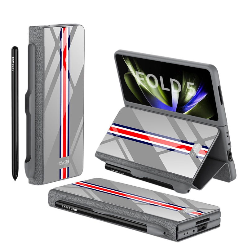 Avelena | Stoßfeste Rüstungshülle Hülle Glas Abdeckung Ständer Einfügkarte Lederhülle für Samsung Galaxy Z Fold 5/4