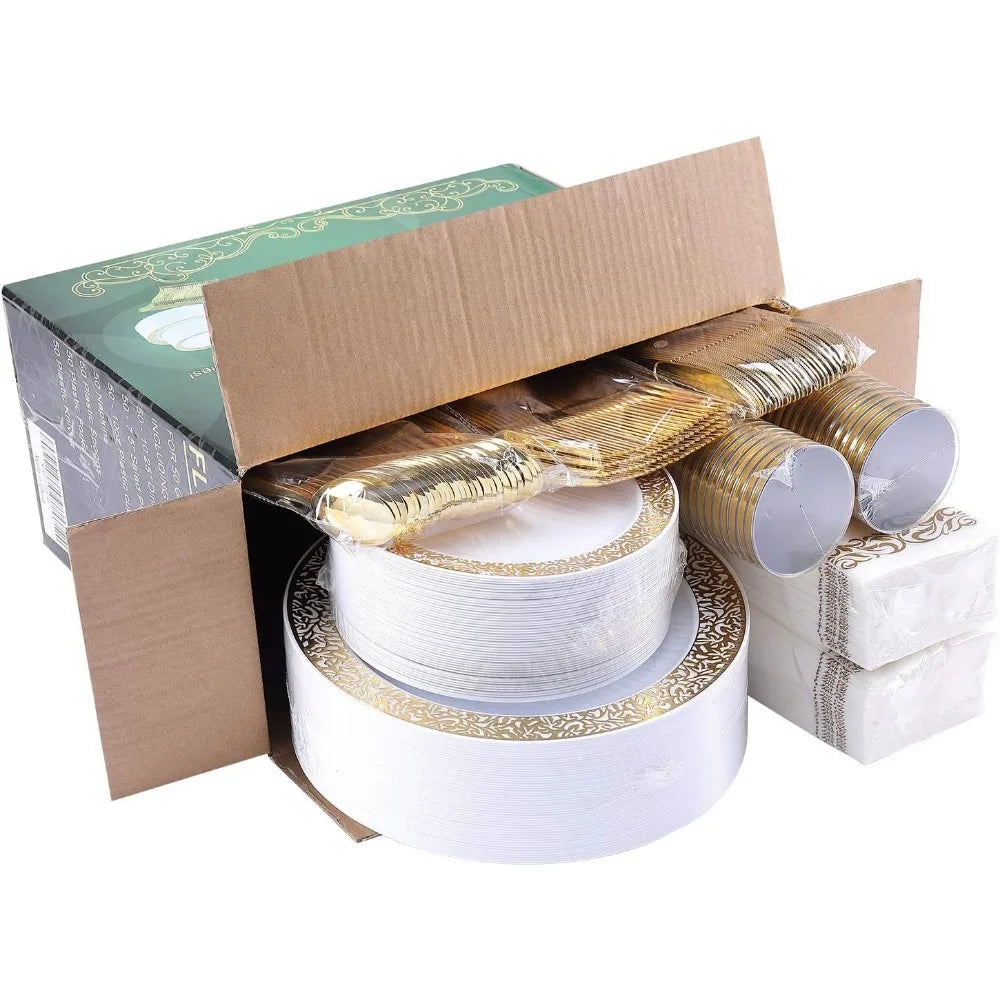 Avelena | 350pcs Einweg-Gold Spitze Geschirr Set für 50 Gäste