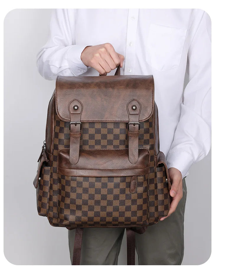 Avelena | Trendiger Karierter Business Vielseitiger Herren Rucksack Reisen Große Kapazität Luxusmarken Design Rucksack Herren PU Leder Schulranzen