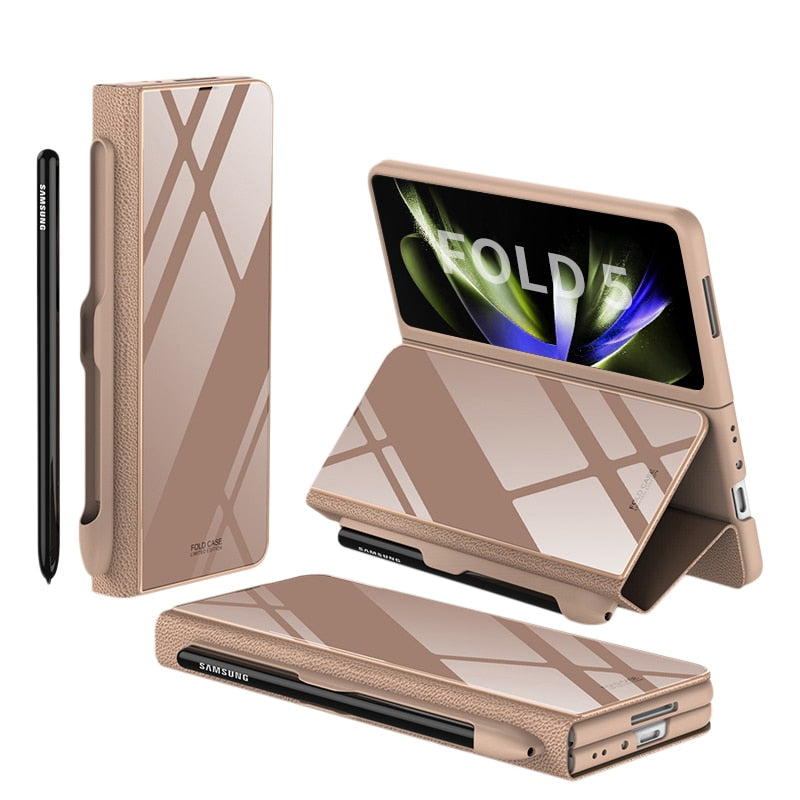 Avelena | Stoßfeste Rüstungshülle Hülle Glas Abdeckung Ständer Einfügkarte Lederhülle für Samsung Galaxy Z Fold 5/4