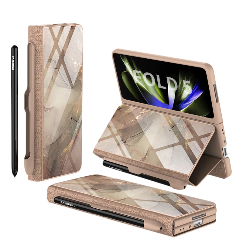 Avelena | Stoßfeste Rüstungshülle Hülle Glas Abdeckung Ständer Einfügkarte Lederhülle für Samsung Galaxy Z Fold 5/4