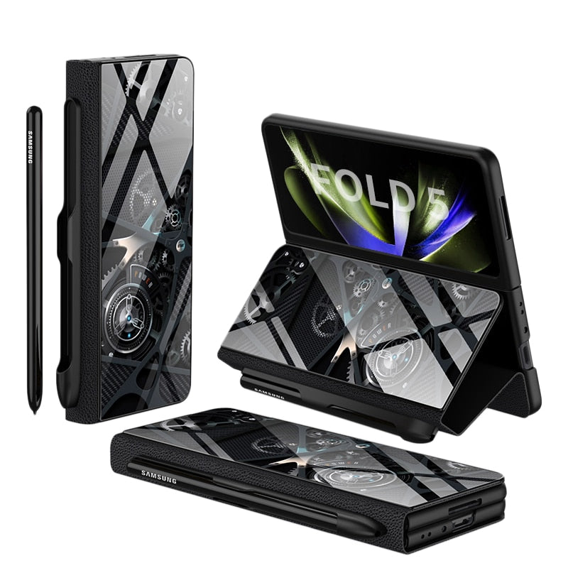 Avelena | Stoßfeste Rüstungshülle Hülle Glas Abdeckung Ständer Einfügkarte Lederhülle für Samsung Galaxy Z Fold 5/4