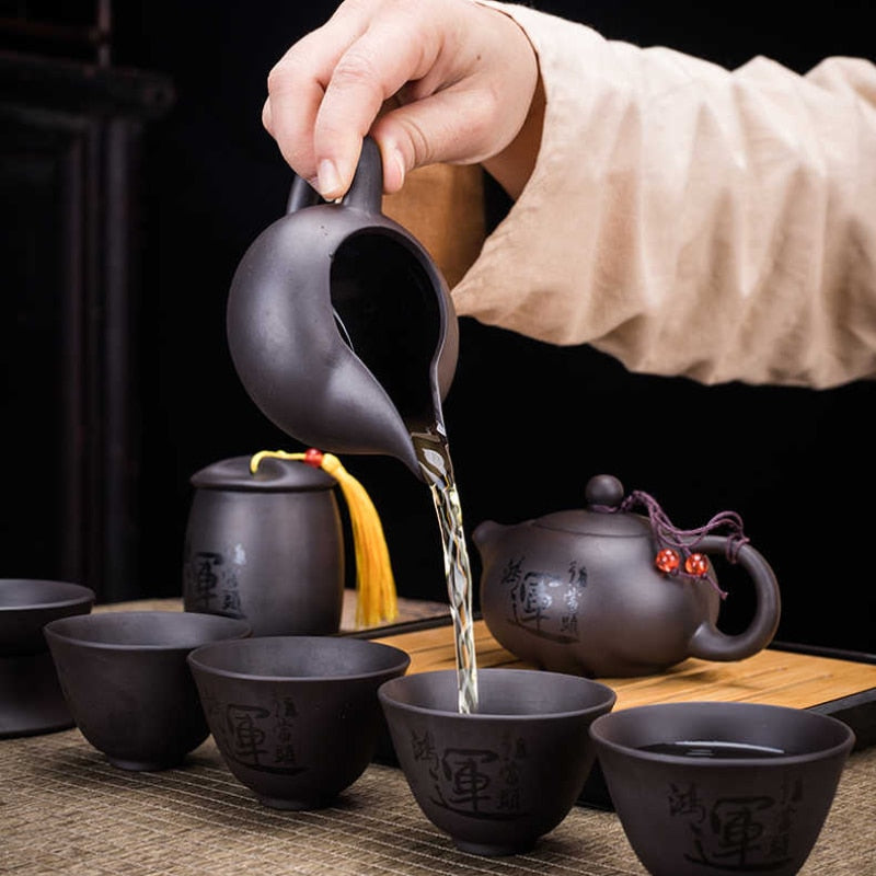 Avelena | 9-teiliges Set Teawere Retro Designer Cool Lila Sand Keramikk Teekannen Set Reise Kong Fu Teeset Porzellan Lila Sand Topf Teesieb