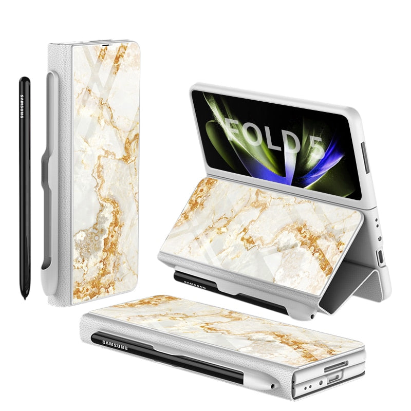 Avelena | Stoßfeste Rüstungshülle Hülle Glas Abdeckung Ständer Einfügkarte Lederhülle für Samsung Galaxy Z Fold 5/4