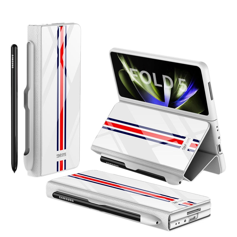 Avelena | Stoßfeste Rüstungshülle Hülle Glas Abdeckung Ständer Einfügkarte Lederhülle für Samsung Galaxy Z Fold 5/4