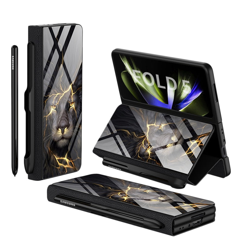 Avelena | Stoßfeste Rüstungshülle Hülle Glas Abdeckung Ständer Einfügkarte Lederhülle für Samsung Galaxy Z Fold 5/4