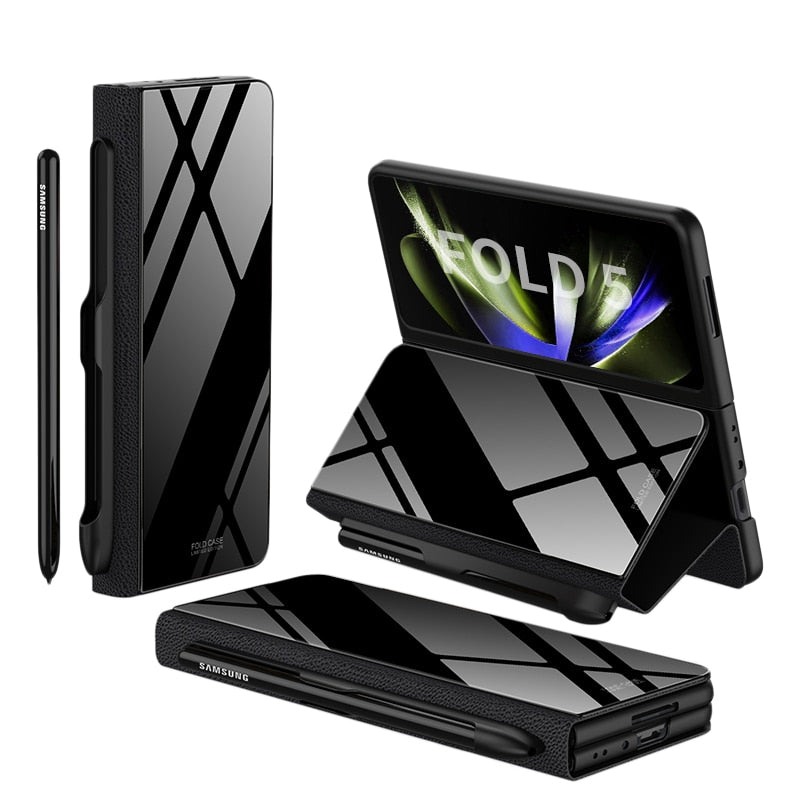 Avelena | Stoßfeste Rüstungshülle Hülle Glas Abdeckung Ständer Einfügkarte Lederhülle für Samsung Galaxy Z Fold 5/4