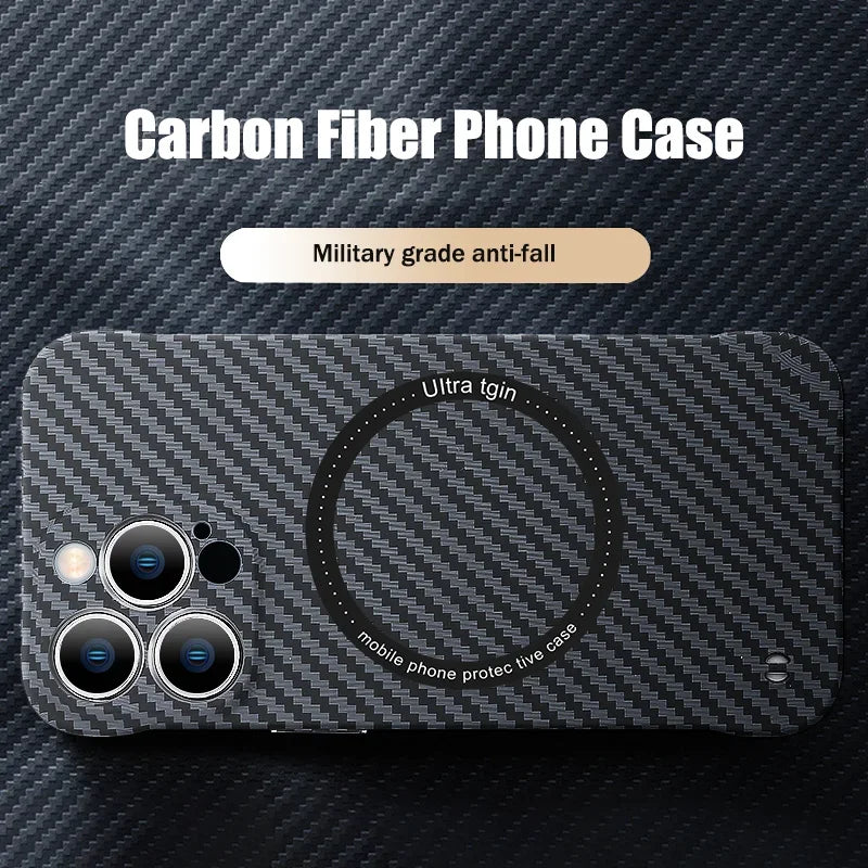 Avelena | Ultra dünnes Carbonfaser-Magnetgehäuse für iPhone 16 15 ProMax 14 Plus 13 12 11 Pro Max Magsafe Wireless Charging rahmenloses Cover