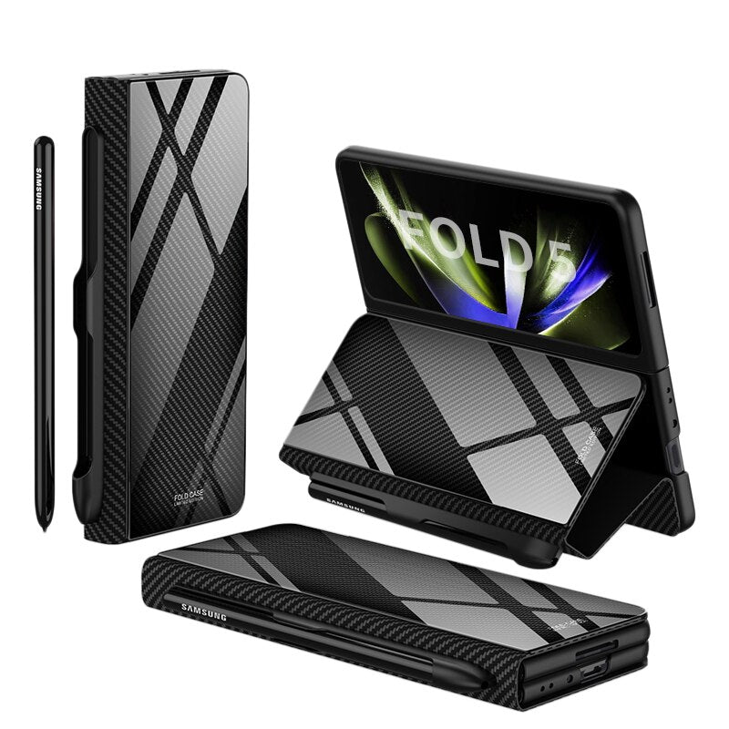 Avelena | Stoßfeste Rüstungshülle Hülle Glas Abdeckung Ständer Einfügkarte Lederhülle für Samsung Galaxy Z Fold 5/4