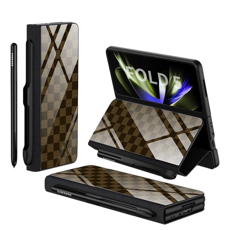 Avelena | Stoßfeste Rüstungshülle Hülle Glas Abdeckung Ständer Einfügkarte Lederhülle für Samsung Galaxy Z Fold 5/4