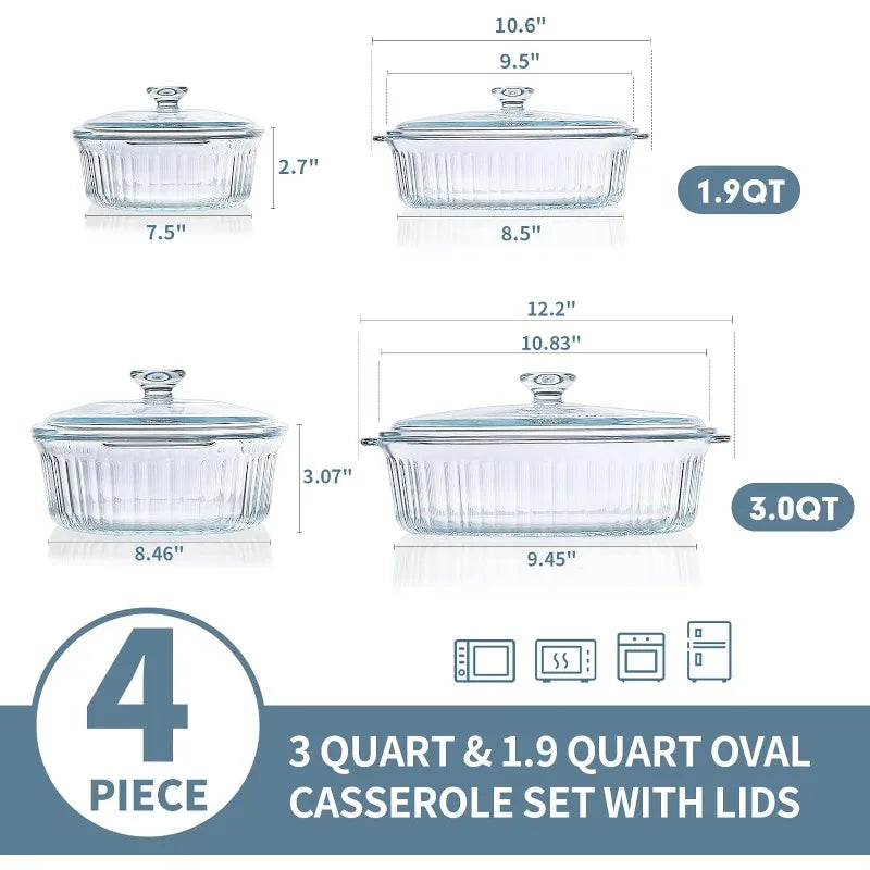 Avelena | 4-teilige Glas-Auflaufform, Set mit 2 Auflaufformen mit Glasdeckeln, 1,9 Qt und 3 Qt