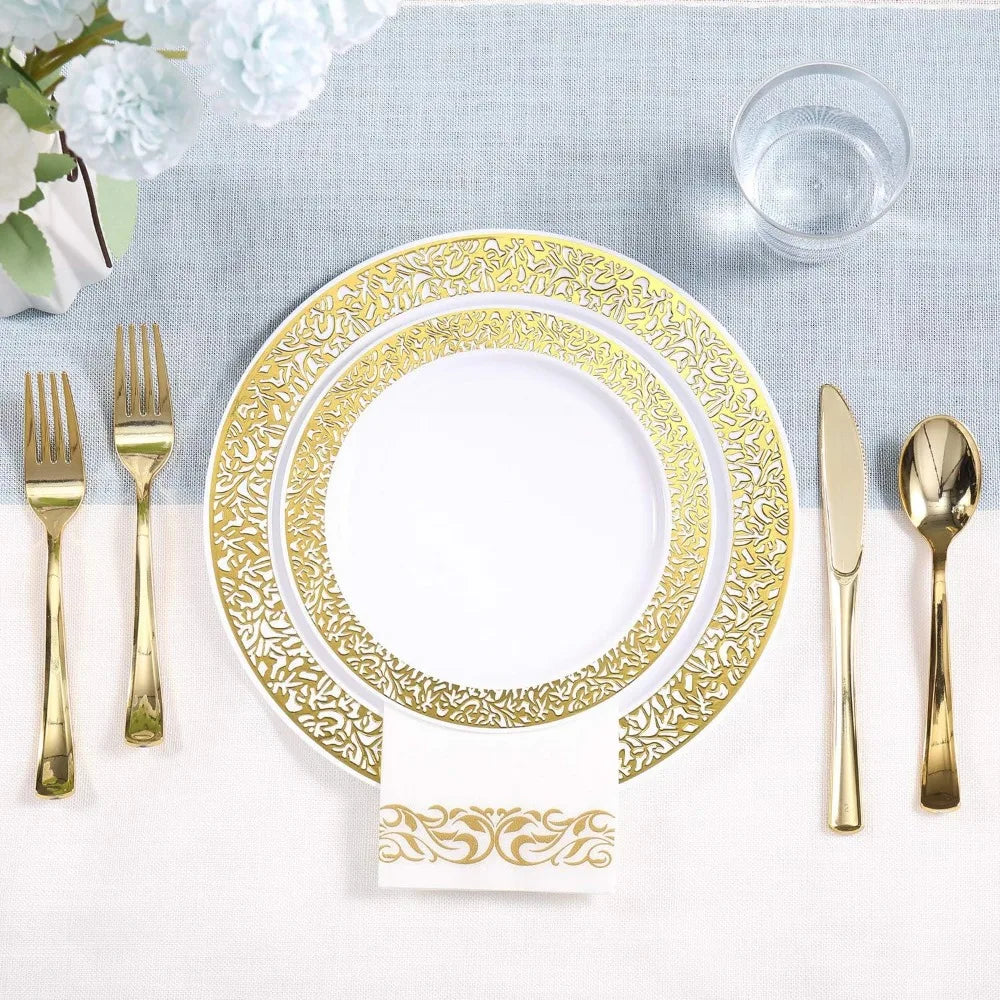 Avelena | 350pcs Einweg-Gold Spitze Geschirr Set für 50 Gäste