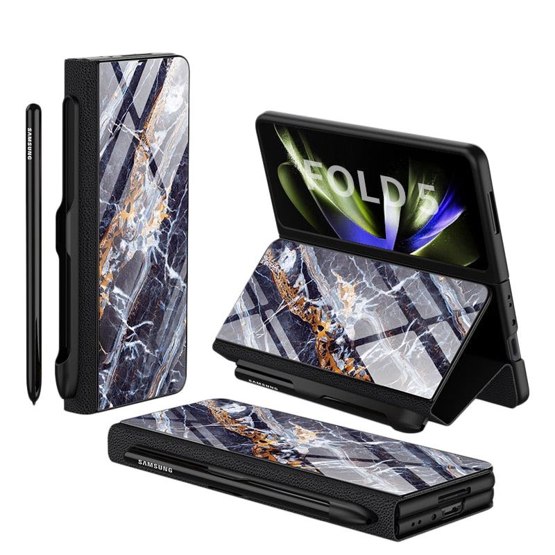 Avelena | Stoßfeste Rüstungshülle Hülle Glas Abdeckung Ständer Einfügkarte Lederhülle für Samsung Galaxy Z Fold 5/4