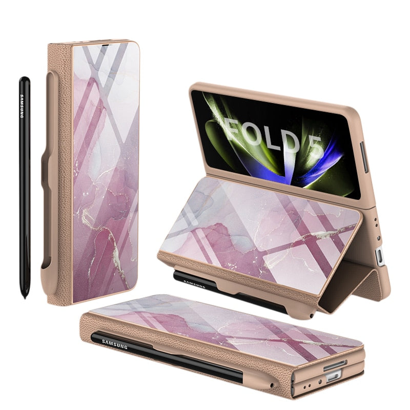 Avelena | Stoßfeste Rüstungshülle Hülle Glas Abdeckung Ständer Einfügkarte Lederhülle für Samsung Galaxy Z Fold 5/4