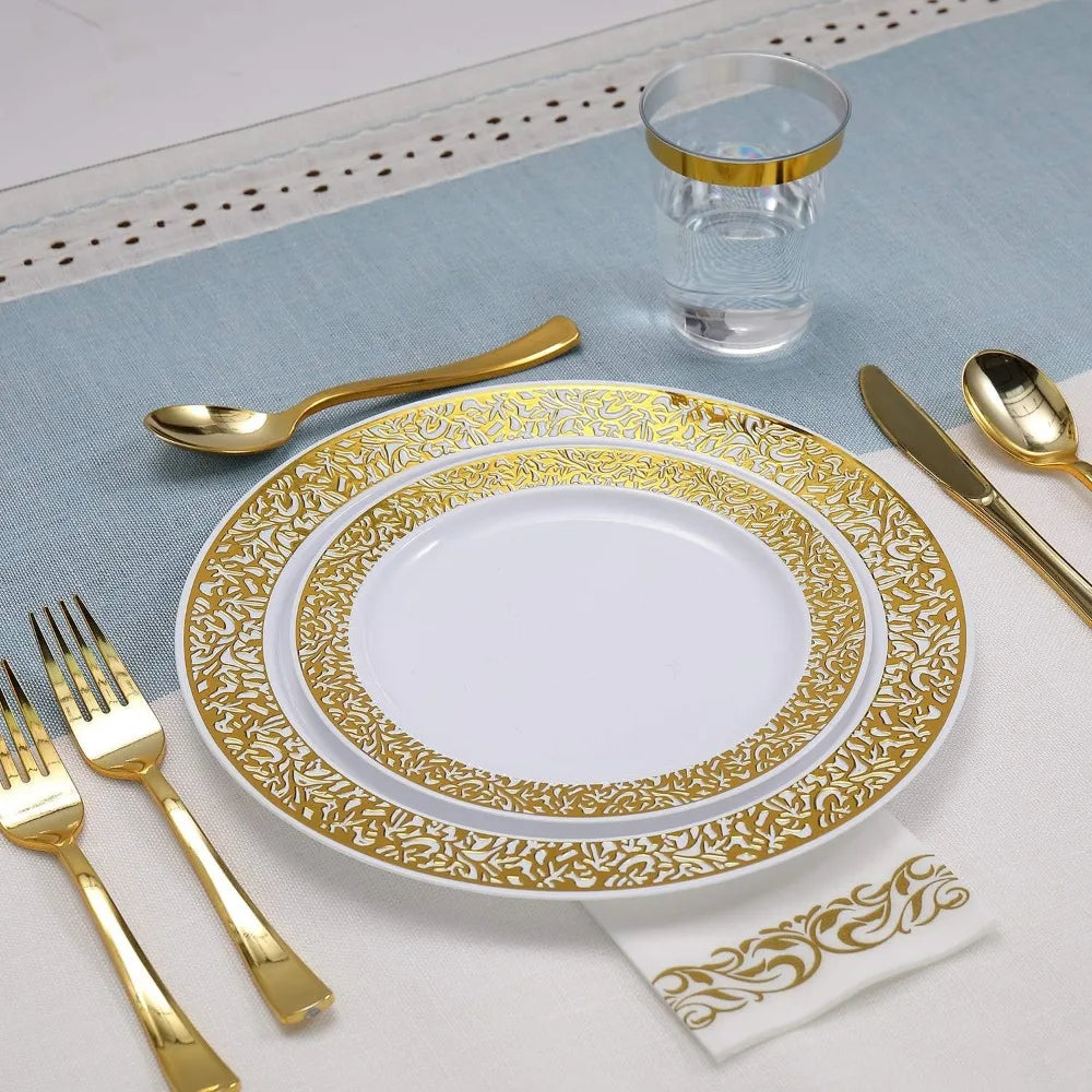 Avelena | 350pcs Einweg-Gold Spitze Geschirr Set für 50 Gäste