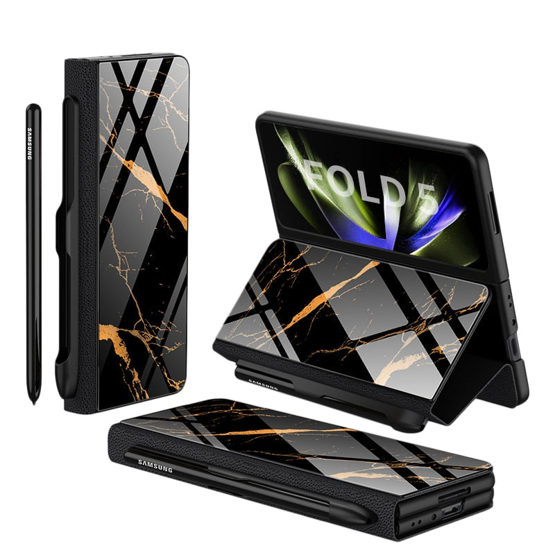 Avelena | Stoßfeste Rüstungshülle Hülle Glas Abdeckung Ständer Einfügkarte Lederhülle für Samsung Galaxy Z Fold 5/4