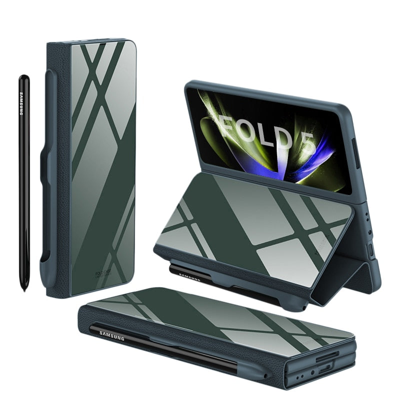 Avelena | Stoßfeste Rüstungshülle Hülle Glas Abdeckung Ständer Einfügkarte Lederhülle für Samsung Galaxy Z Fold 5/4
