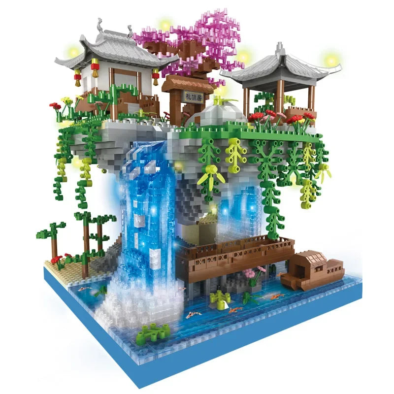 Avelena | Antike Architektur Pfirsichblüten Teich Schloss Mädchen Modell Baustein Montage Kinderspielzeug mit hohem Schwierigkeitsgrad