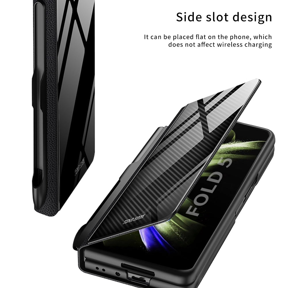 Avelena | Stoßfeste Rüstungshülle Hülle Glas Abdeckung Ständer Einfügkarte Lederhülle für Samsung Galaxy Z Fold 5/4