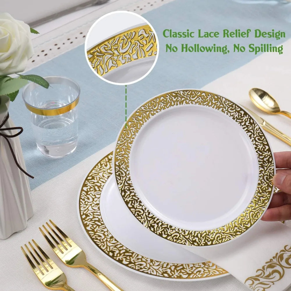 Avelena | 350pcs Einweg-Gold Spitze Geschirr Set für 50 Gäste