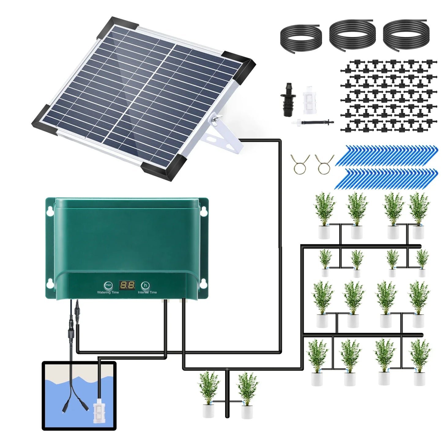 Avelena | Solar Tropfbewässerungssystem-Kit Automatisches Bewässern mit 30 Modi & 7 Timern – AquaFlow