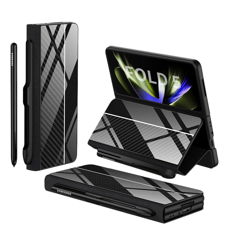 Avelena | Stoßfeste Rüstungshülle Hülle Glas Abdeckung Ständer Einfügkarte Lederhülle für Samsung Galaxy Z Fold 5/4