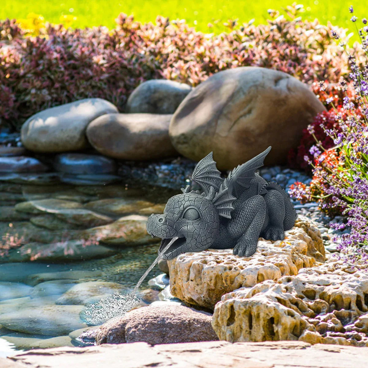 Avelena | Wasserspeiender Drachenstatue aus Harz Wetterfeste Realistische Wassersprühszenen Harz Gartendekoration