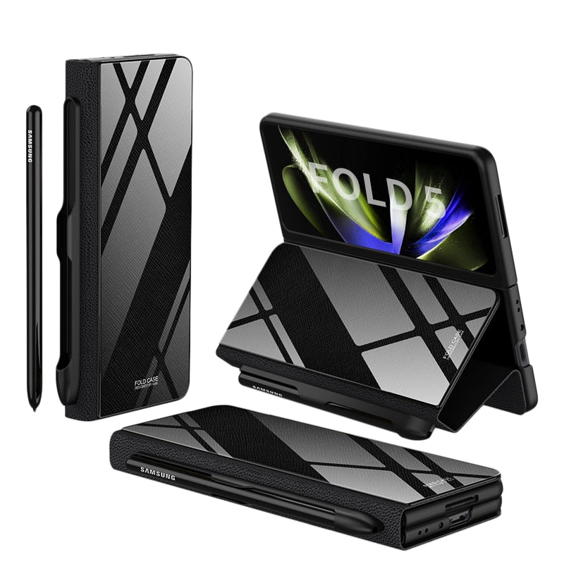 Avelena | Stoßfeste Rüstungshülle Hülle Glas Abdeckung Ständer Einfügkarte Lederhülle für Samsung Galaxy Z Fold 5/4