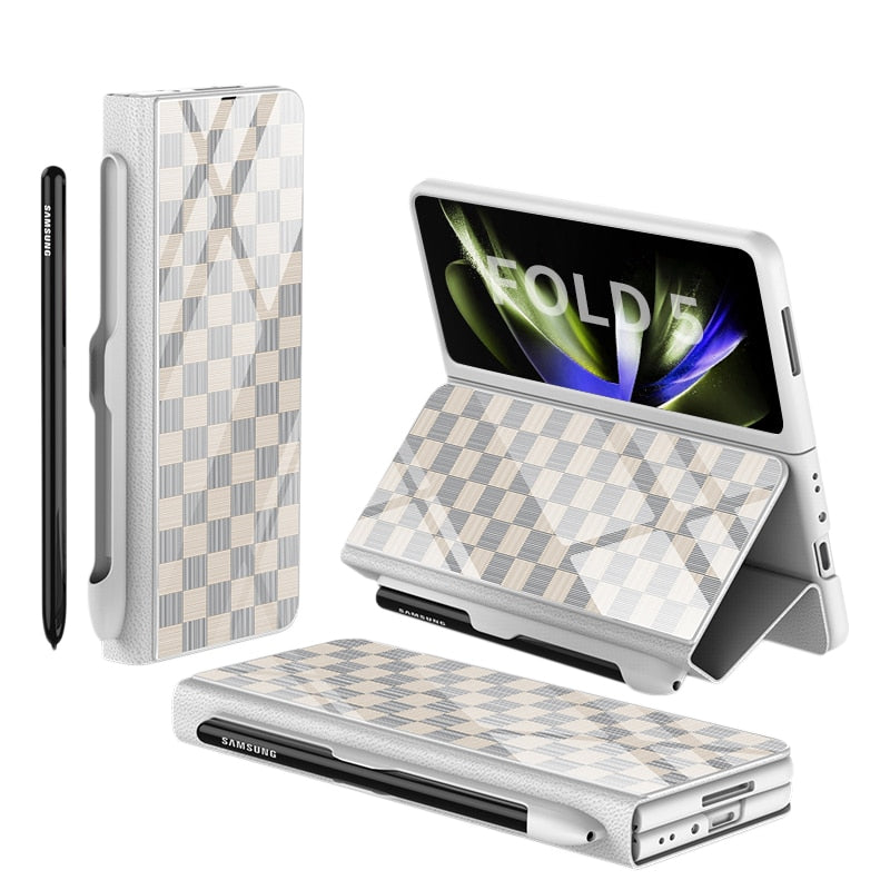 Avelena | Stoßfeste Rüstungshülle Hülle Glas Abdeckung Ständer Einfügkarte Lederhülle für Samsung Galaxy Z Fold 5/4