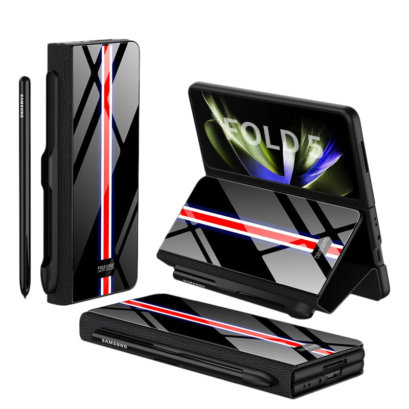 Avelena | Stoßfeste Rüstungshülle Hülle Glas Abdeckung Ständer Einfügkarte Lederhülle für Samsung Galaxy Z Fold 5/4