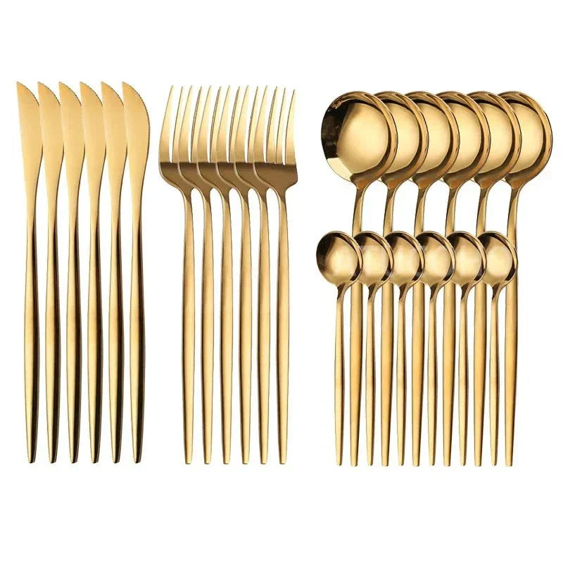 Avelena | Luxuriöses Besteckset – 24-teilig – goldfarbener Edelstahl – Messer, Gabel, Löffel – Küchenzubehör