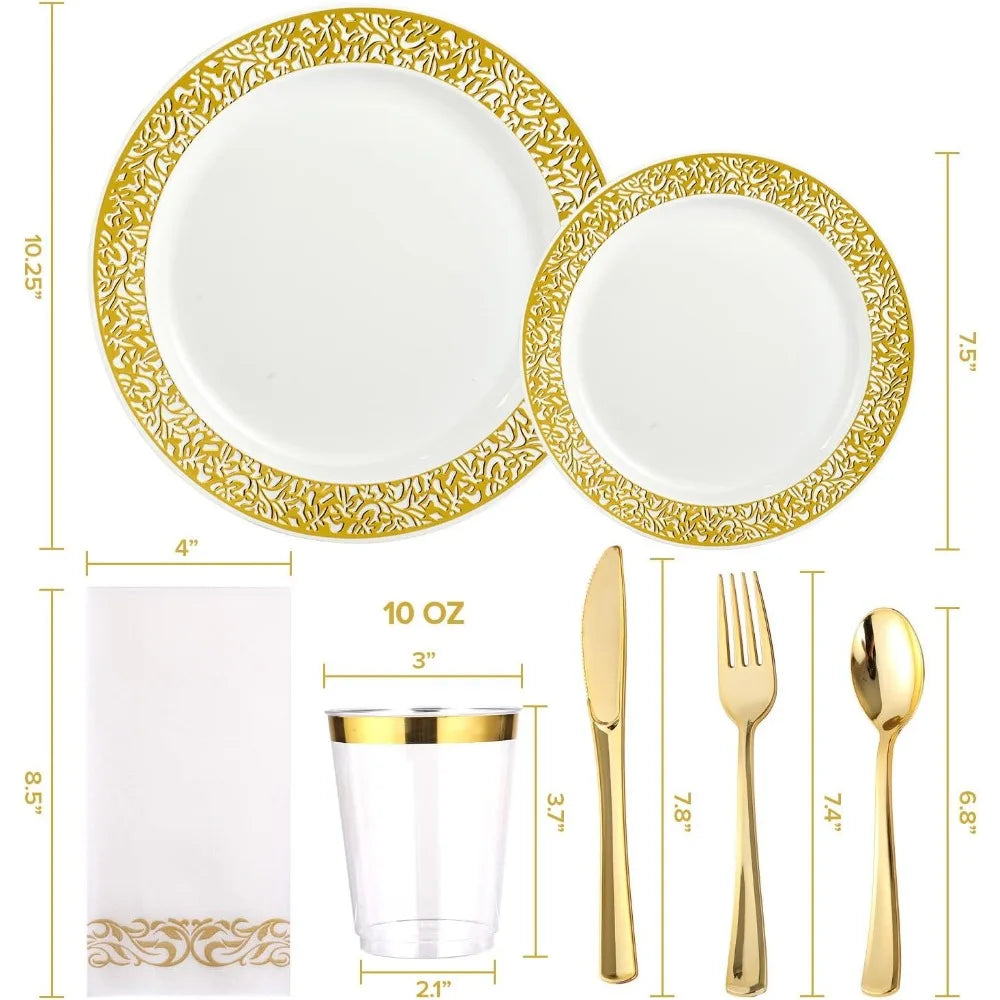 Avelena | 350pcs Einweg-Gold Spitze Geschirr Set für 50 Gäste