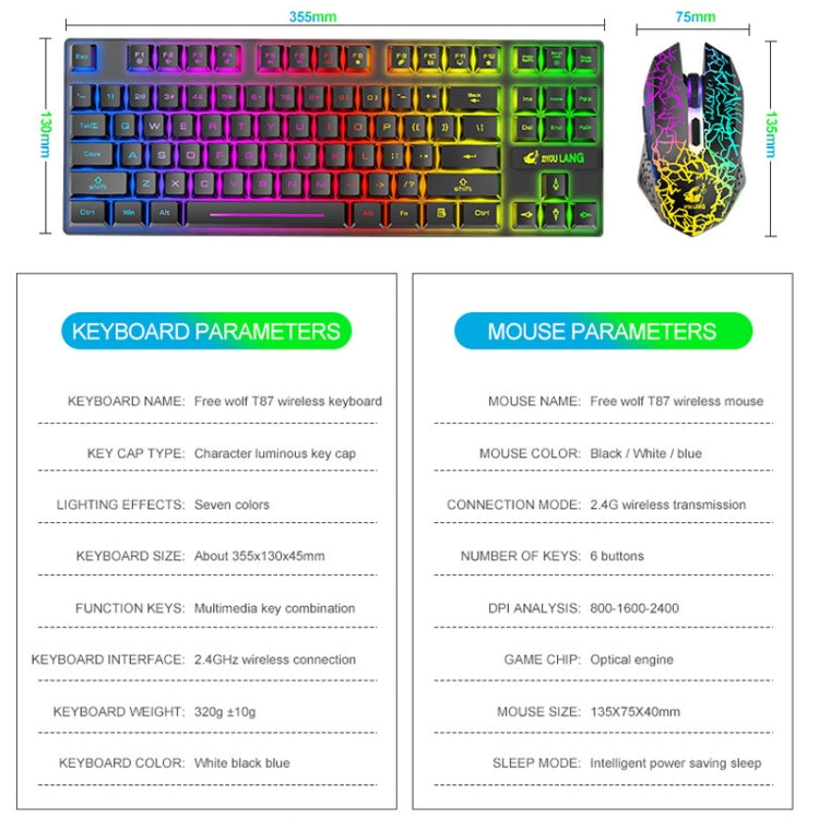 Avelena | ZIYOU LANG T87 Gaming Leuchtendes Kabelloses Tastatur- und Maus-Set (Blau)